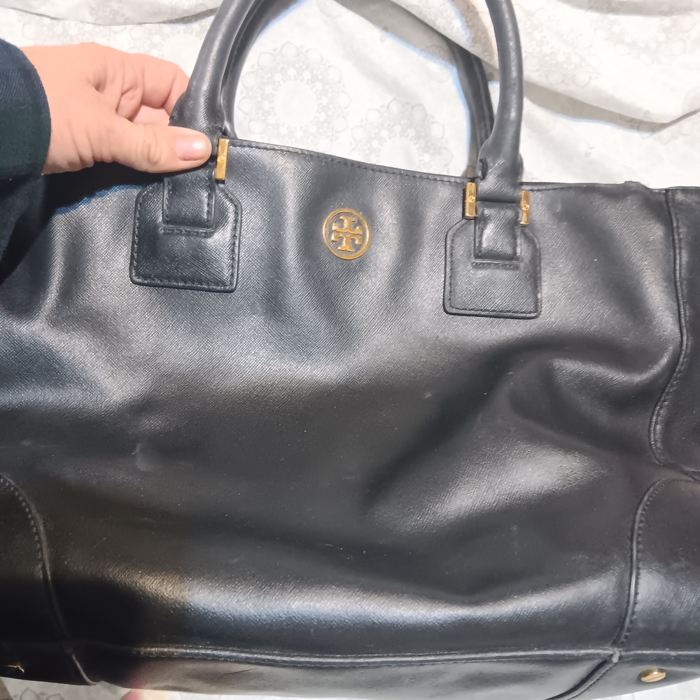 Tory Burch Black Leather Tote with Gold Accents